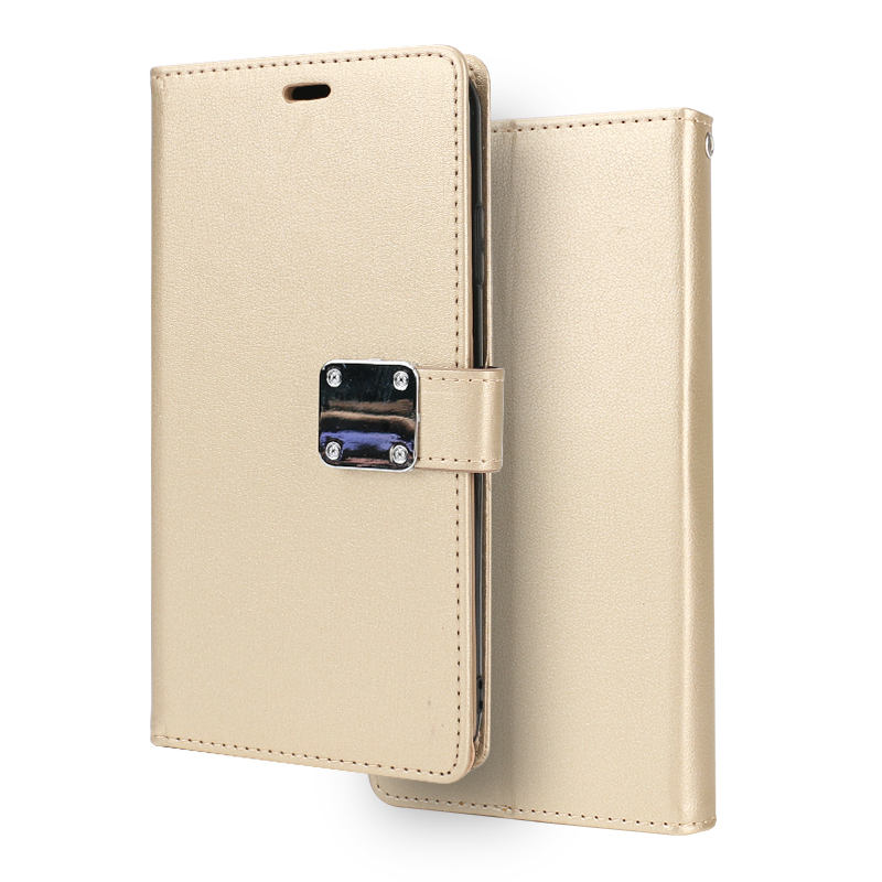 iPhone Xr 6.1in Multi Pockets Folio Flip Leather Wallet Case with Strap (GOLD)